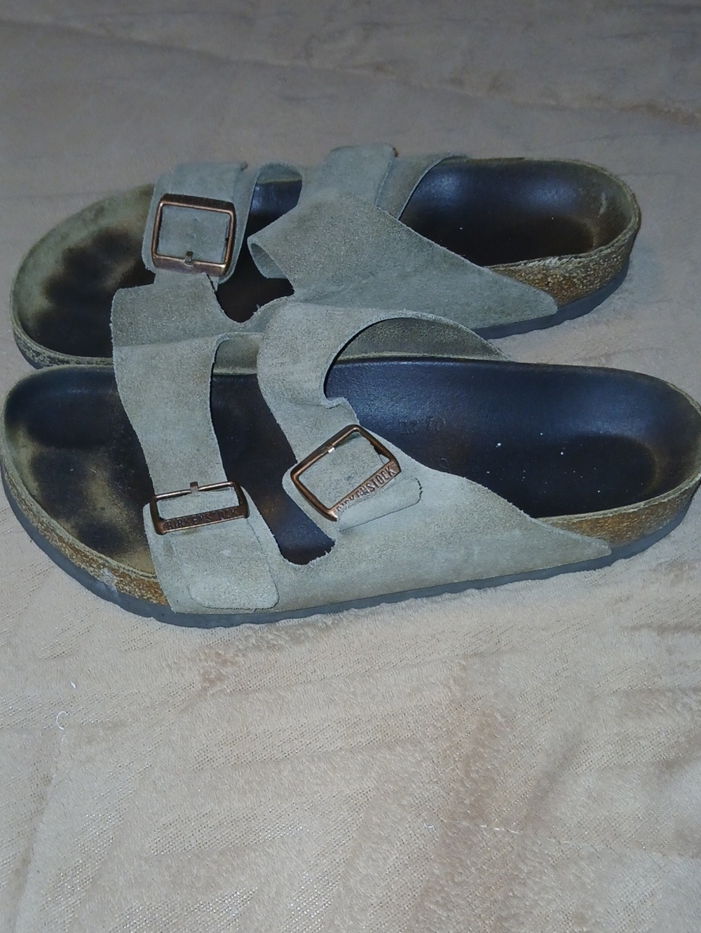 Birkenstock Olive Suede Double-Buckle Sandals with Bronze Buckles Sz: W 10 M 8